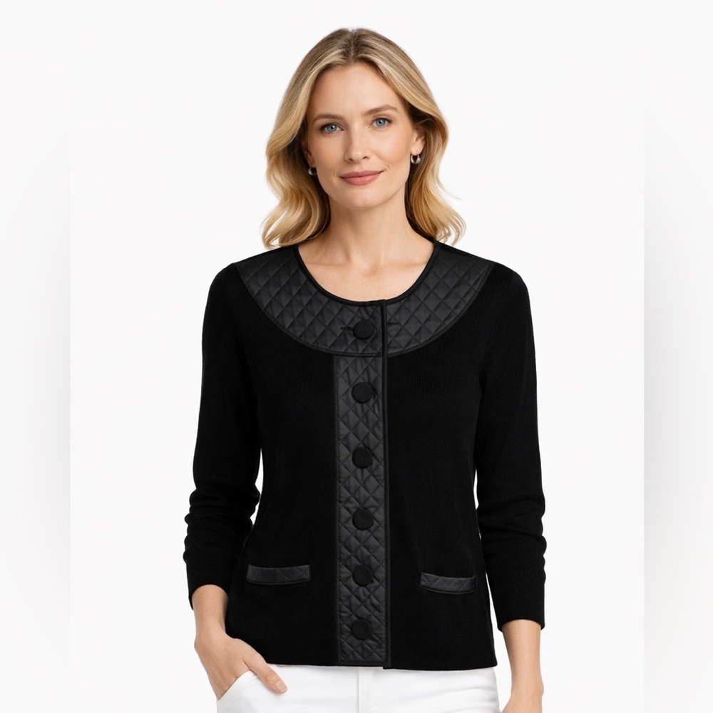 Chicos Quilted Detail Black Button Cardigan Large